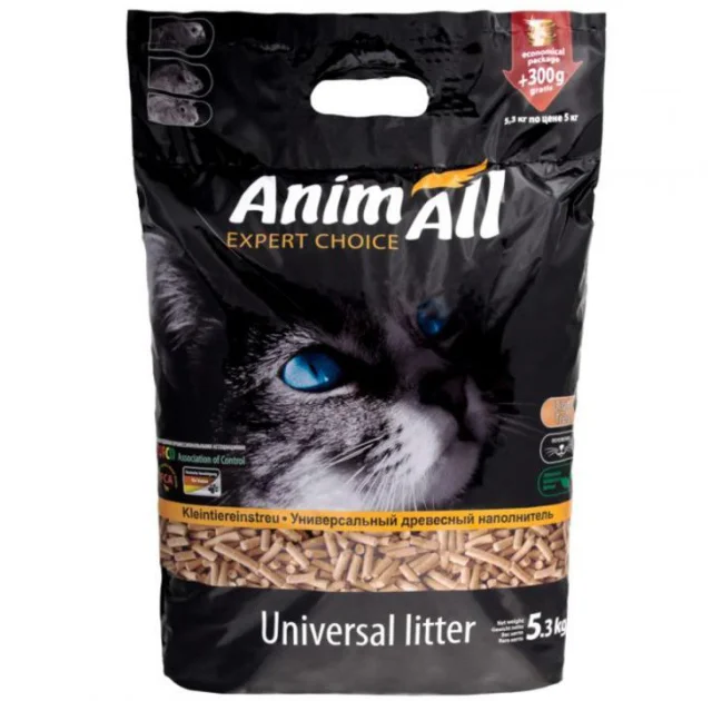 Древесный наполнитель AnimAll для котов, 5.3 кг, 300 г бесплатно