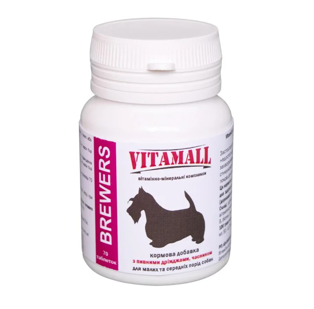 Кормовая добавка VitamAll с пивными дрожжами и чесноком, для малых и средних пород собак, 70 табл