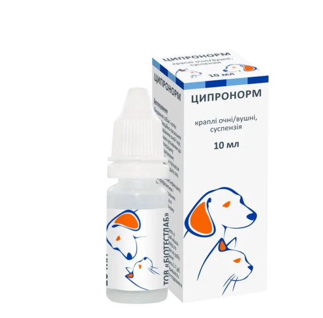 Краплі BioTestLab Ціпронорм при інфекційно-запальних захворюваннях очей і вух для собак і котів, 10 мл