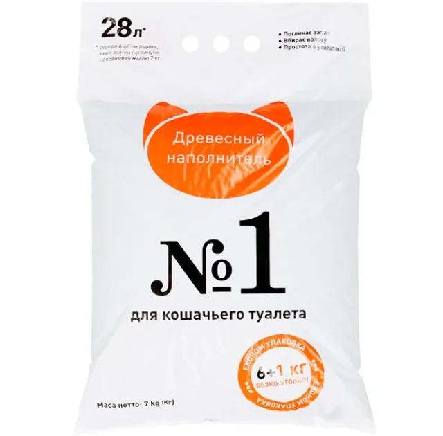 Древесный наполнитель №1 для кошачьего туалета, 6+1 кг (28 л)