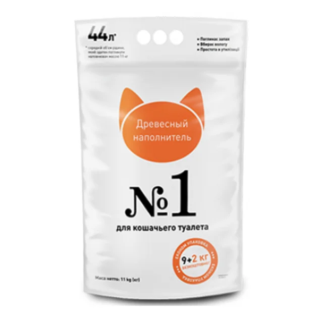 Древесный наполнитель №1 для кошачьего туалета, 9+2 кг (44 л)