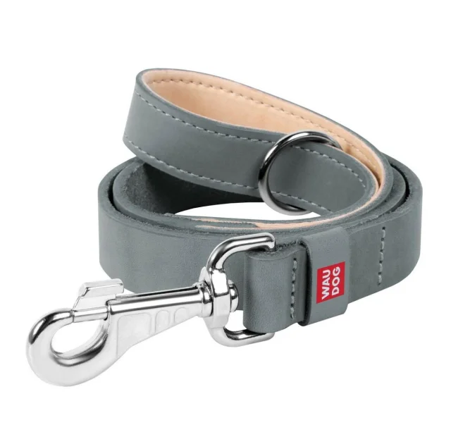Шкіряний поводок Waudog Classic для собак 20 мм, 122 cм, сірий