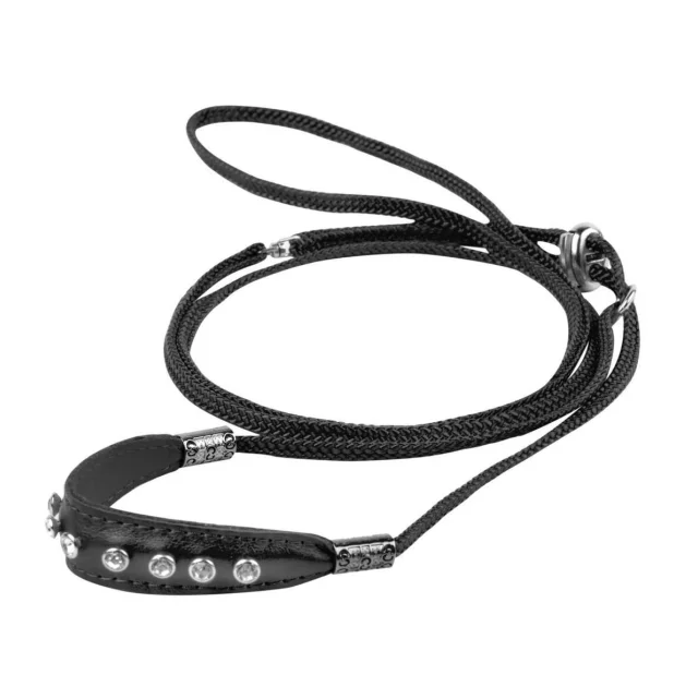 Ринговка зі шкіряною накладкою і стразами Dog Extreme для собак 5 мм, 130 см, чорний