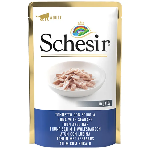 Консерви Schesir Tuna Seabass натуральні, для котів, тунець з морським окунем в желе, пауч 85 г