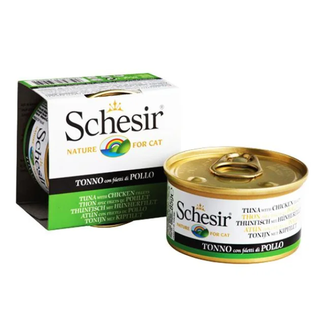 Консерви Schesir Tuna Chicken для котів, тунець з курячим філе і рисом, банку, 85 г