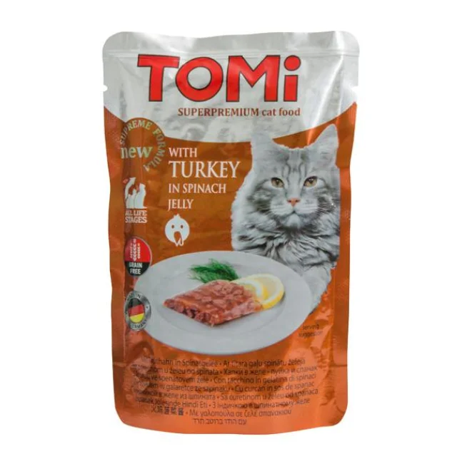 Консерви Tomi TURKEY in spinach jelly індичка в шпинатному желе, суперпреміум, для котів, пауч, 100 г