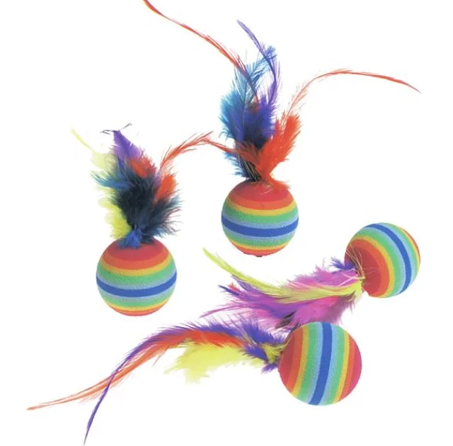 Набор игрушек Flamingo Rainbow Ball радужный мяч с перьями, для кошек, 4 шт, 3 см