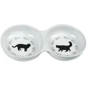 Миска Flamingo Cats Double двойная для кошек, с рисунком котов, керамика, белая, 22×11×3.5 см