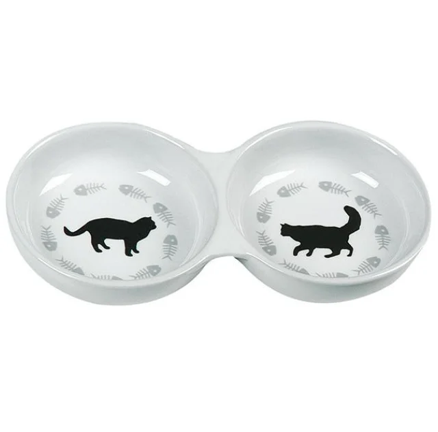 Миска Flamingo Cats Double подвійна для котів, з малюнком котів, кераміка, біла, 22×11×3.5 см