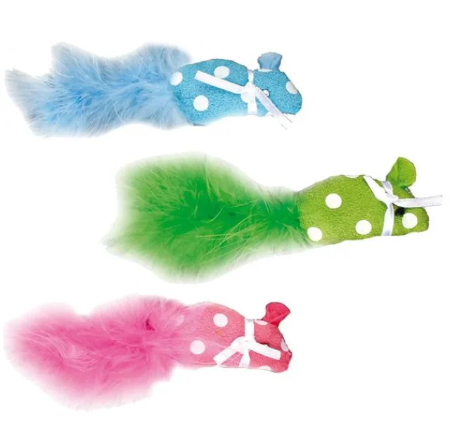 Игрушка Flamingo Polka Mouse для кошек, мышка с пером и кошачьей мятой, ткань, 11х1х2.5 см