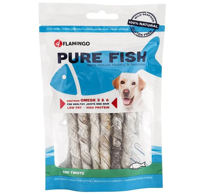 Лакомство Flamingo Fish Snack Natural Cod Skin Twist для собак, трубочки из кожи трески, 85 г