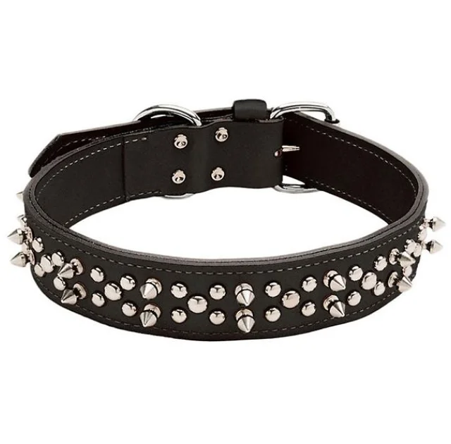Двойной ошейник Coastal Spiked Leather с шипами, для собак, черный, 4.25×65 см