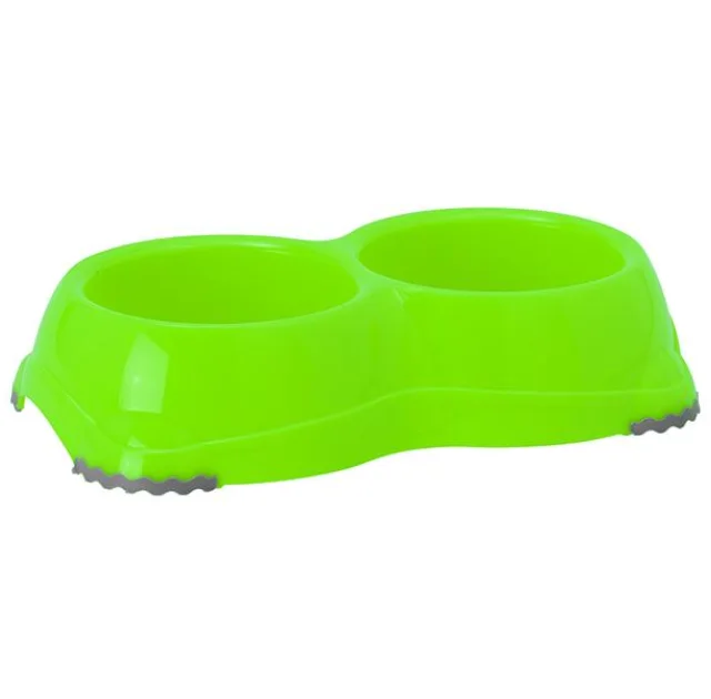 Двойная миска Moderna Смарти №1 для собак и кошек, пластик, ярко-зеленая, 2×330 мл, d-11 см