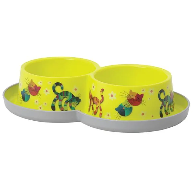 Двойная миска Moderna Double Trendy Dinner Friends Forever для кошек, лимонная, 2×350 мл, d-10 см