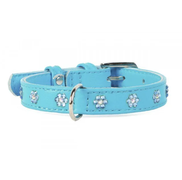 Ошейник Waudog Glamour с клеевыми стразами "Цветочек", ширина 15 мм, длина 27-36 см, голубой