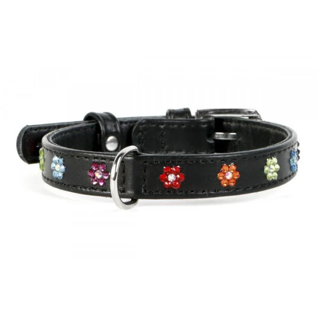 Ошейник Waudog Glamour с клеевыми стразами "Цветочек", ширина 9 мм, длина 18-21 см, черный