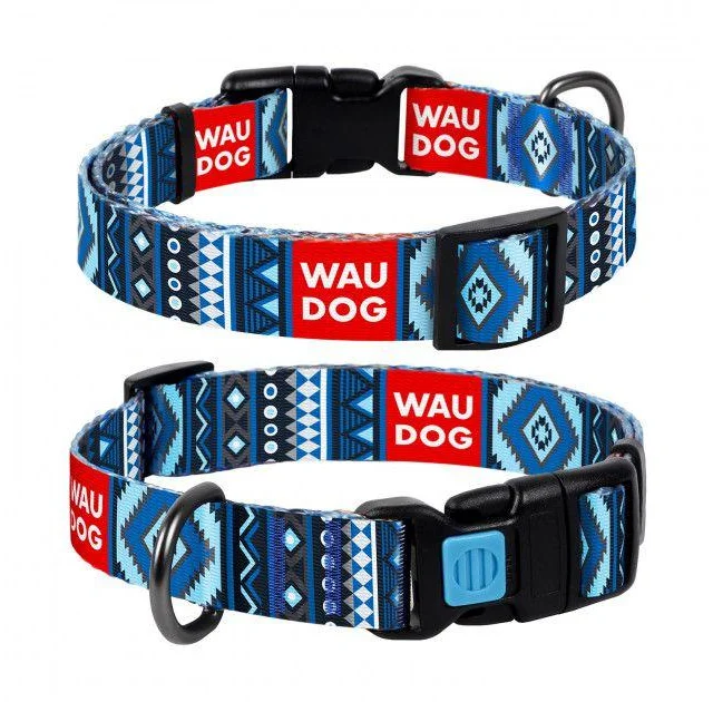 Ошейник Waudog Nylon с рисунком "Этно синий" ширина 25 мм, длина 35-58 см
