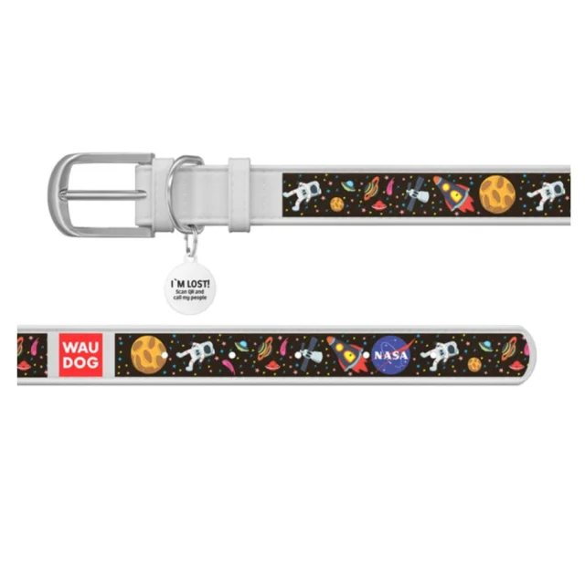 Ошейник Waudog Printed с рисунком "NASA", премиум кожа, металлическая пряжка, 20 мм 30-39 см, белый