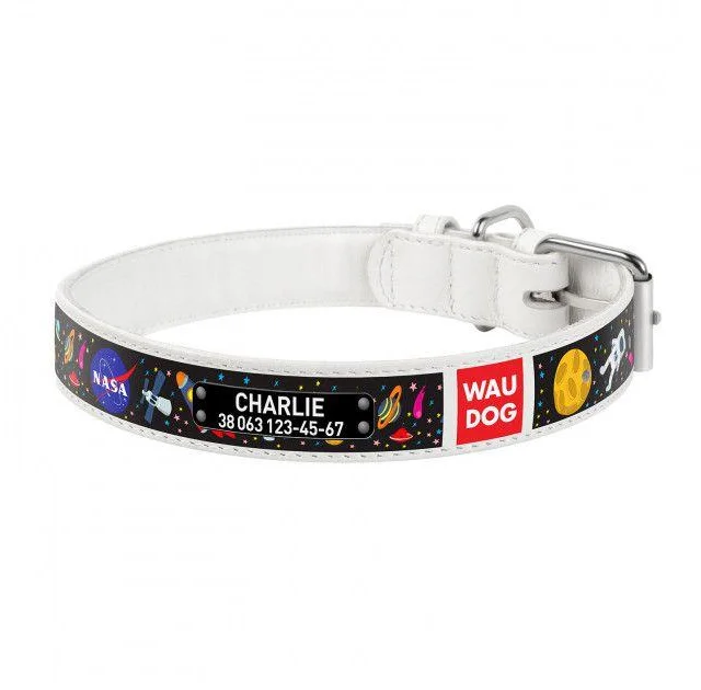 Ошейник Waudog Printed с рисунком "NASA", премиум кожа, металлическая пряжка, 25 мм х 37 см, белый