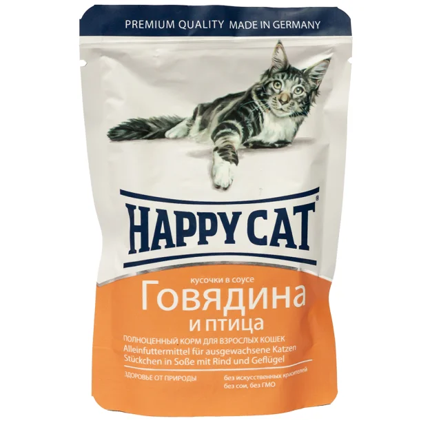 Вологий корм Happy Cat Rind Geflugel in Sosse для дорослих кішок, шматочки в соусі, з яловичиною та птицею, 100 г