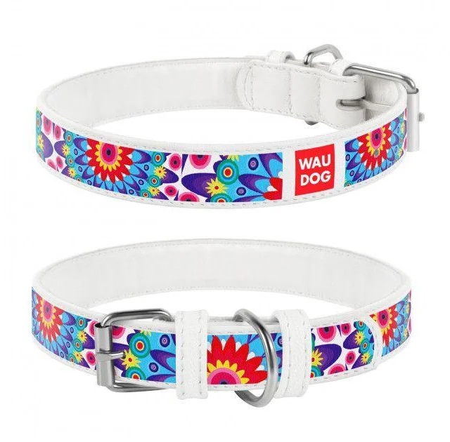 Ошейник Waudog с рисунком "Цветы" ширина 12 мм, длина 21-29 см, белый