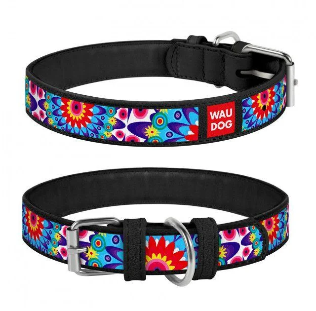 Нашийник Waudog з малюнком "Квіти" ширина 35 мм, довжина 46-60 см, чорний