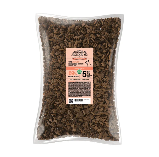 Сухий корм Home Food Hairball Control для виведення шерсті у дорослих котів, з індичкою і качкою, 5 кг