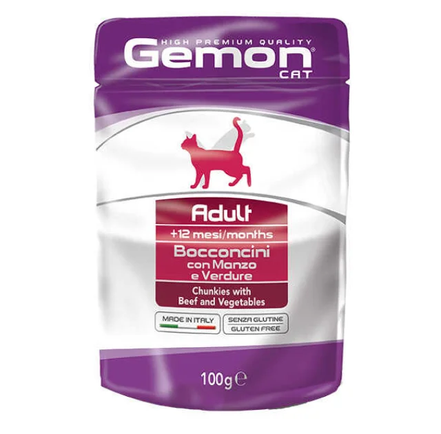 Вологий корм GEMON CAT WET Adult шматочки з яловичиною і овочами 0,1 кг