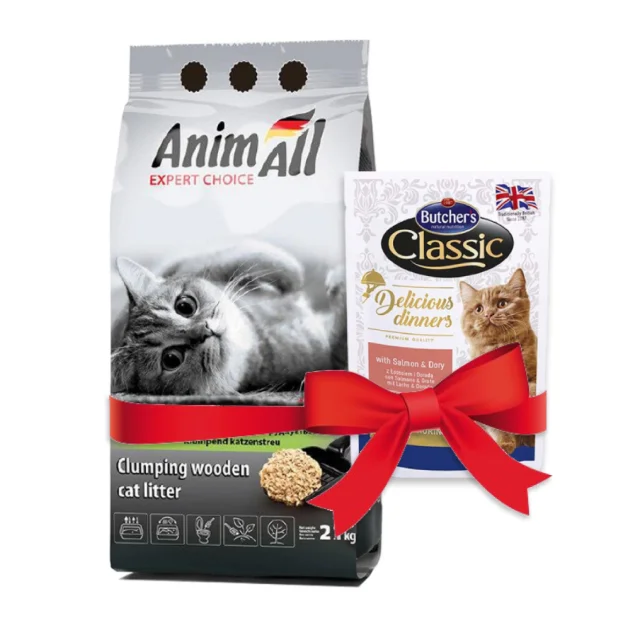 Древесный наполнитель AnimAll комкующийся, для кошек, 2.1 кг + подарок