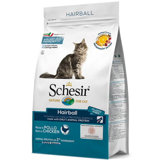 Сухий корм Schesir Cat Hairball для виведення шерсті, монопротеїновий, для довгошерстих котів, 1.5 кг