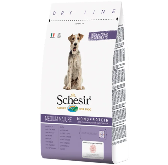 Сухой корм Schesir Dog Medium Mature с курицей, для пожилых или малоактивных собак средних пород , 12 кг