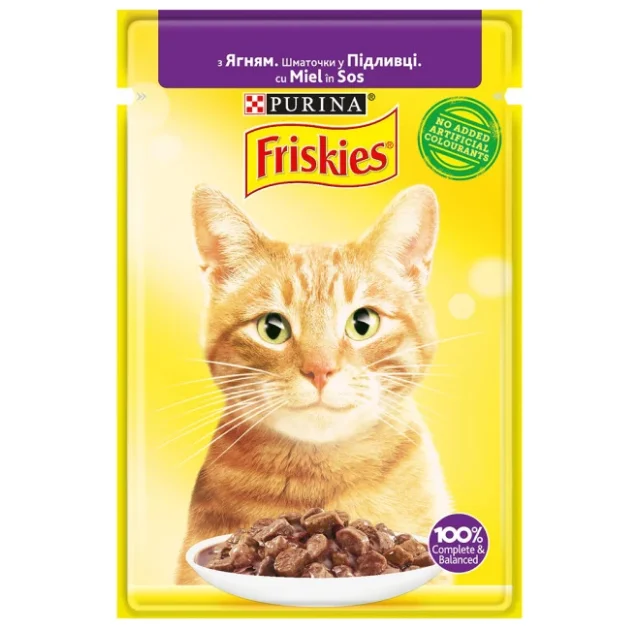 Вологий корм Purina Friskies для котів, з ягням, 85 г