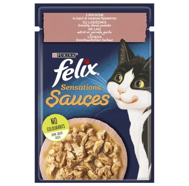Влажный корм Purina Felix Sensations Sauces для кошек, с лососем в соусе со вкусом креветок, 85 г