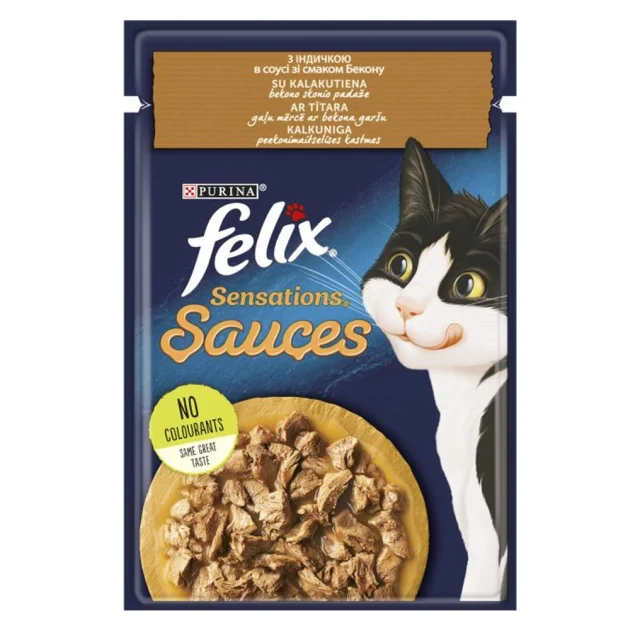 Влажный корм Purina Felix Sensations Sauces для кошек, с индейкой в соусе со вкусом бекона, 85 г