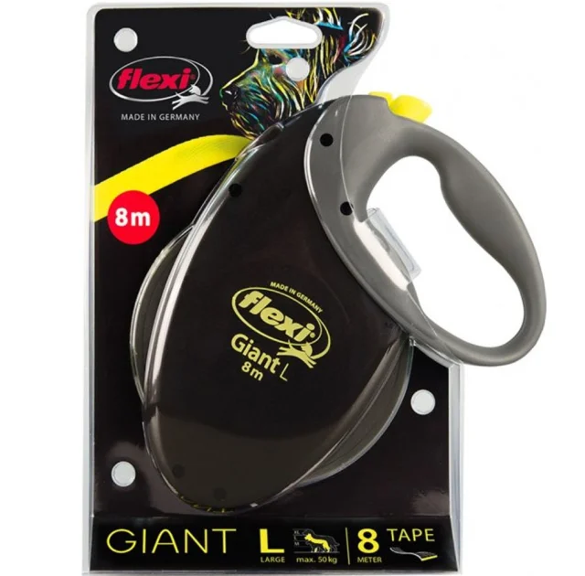 Поводок-рулетка Flexi Neon Giant XL для собак до 75 кг, 8 м, лента, черная