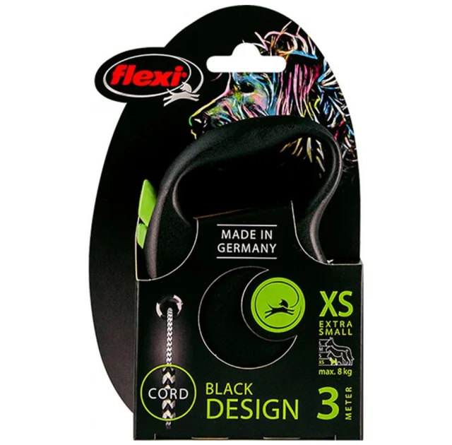 Поводок-рулетка Flexi Black Design XS для собак до 8 кг, 3 м, трос, зеленая
