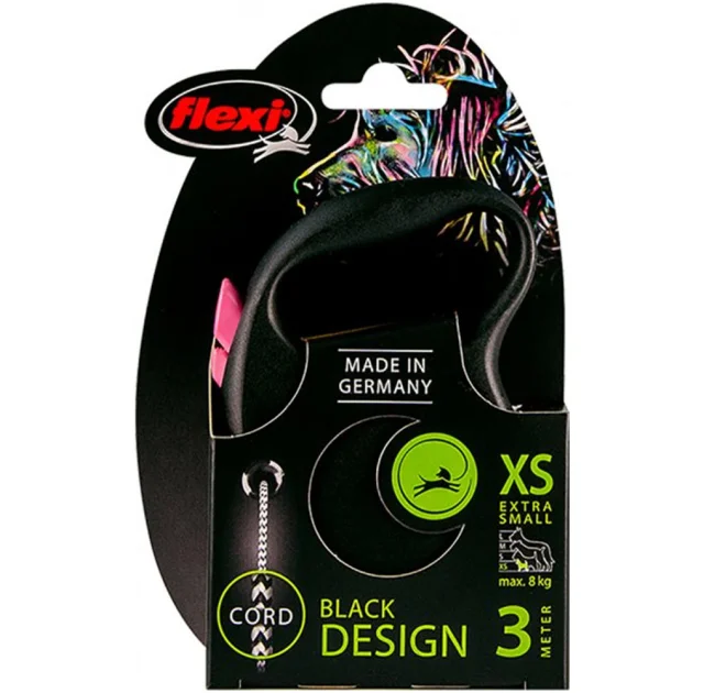 Поводок-рулетка Flexi Black Design XS для собак до 8 кг, 3 м, трос, розовая