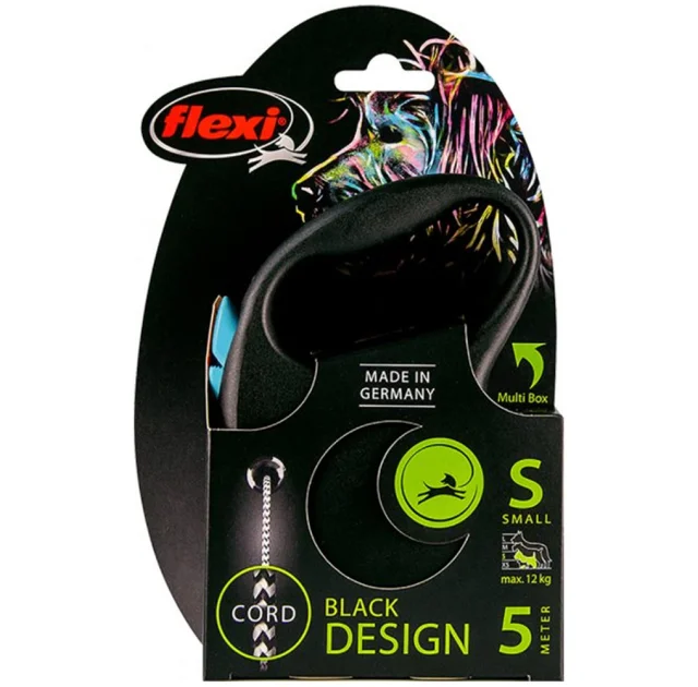 Повідець-рулетка Flexi Black Design S для собак до 12 кг, 5 м, трос, синя