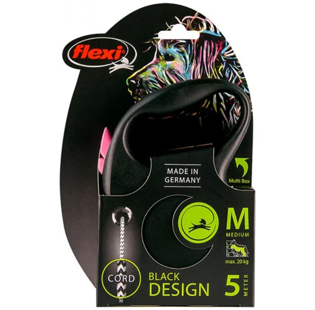 Поводок-рулетка Flexi Black Design M для собак до 20 кг, 5 м, трос, розовая