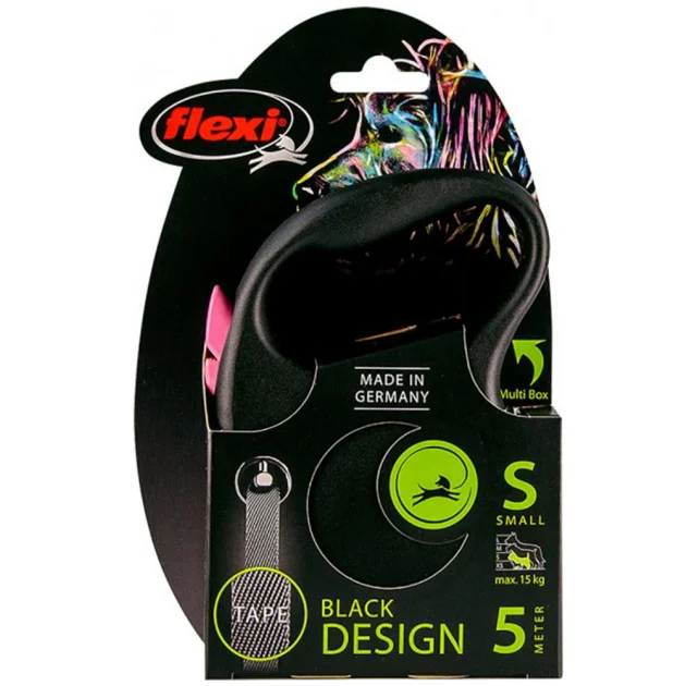 Поводок-рулетка Flexi Black Design S для собак до 15 кг, 5 м, лента, розовая
