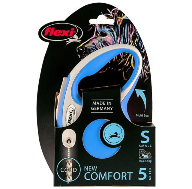 Поводок-рулетка Flexi New Comfort S для собак до 12 кг, 5 м, трос, синий