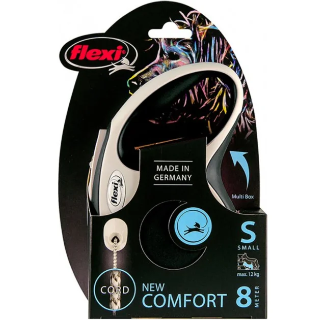 Поводок-рулетка Flexi New Comfort S для собак до 12 кг, 8 м, трос, чёрный