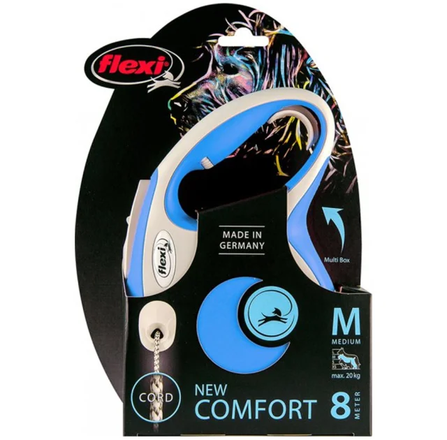 Поводок-рулетка Flexi New Comfort S для собак до 12 кг, 8 м, трос, синий