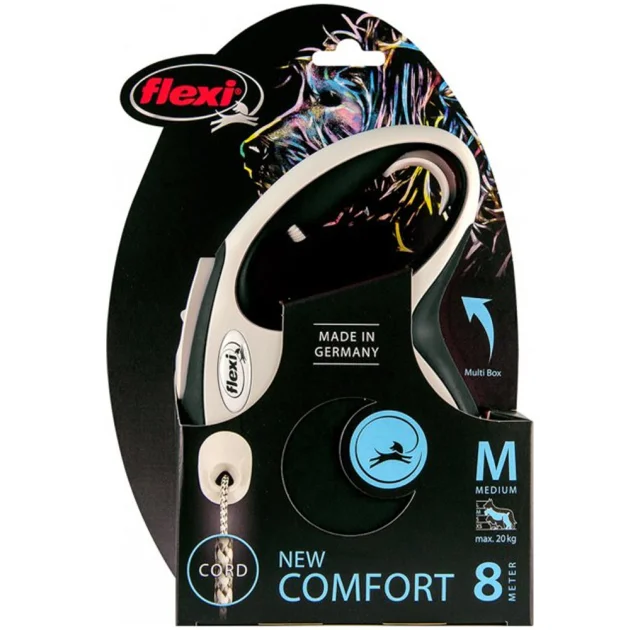 Поводок-рулетка Flexi New Comfort M для собак до 20 кг, 8 м, трос, чёрный