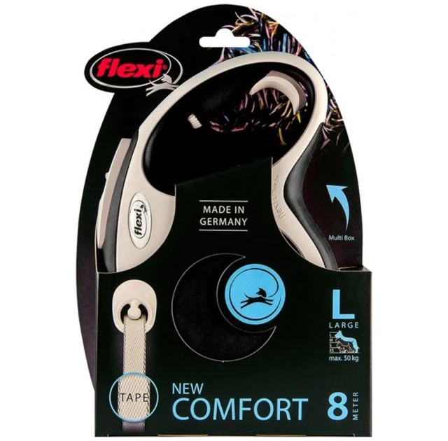 Поводок-рулетка Flexi New Comfort L для собак до 50 кг, 8 м, лента, чёрный