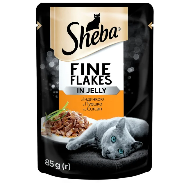 Вологий корм Sheba Fine Flakes для котів, з індичкою в желе, 85 г