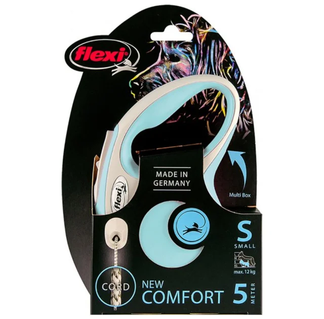 Поводок-рулетка Flexi New Comfort S для собак до 15 кг, 5 м, лента, голубой