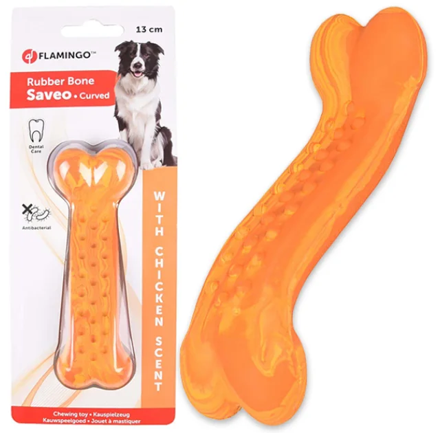 Іграшка жувальна Flamingo Rubber Saveo Curved Bone Chicken, смак курки, для собак, 13 × 4 см