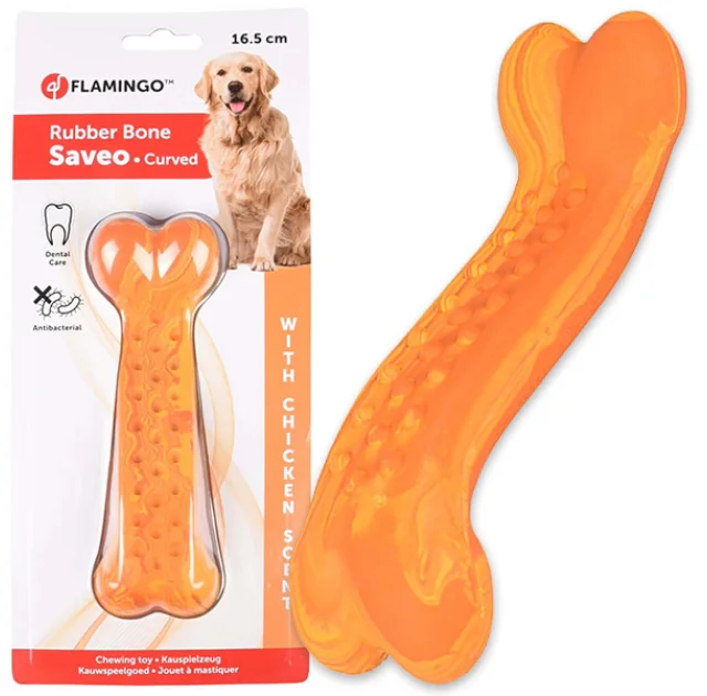 Игрушка жевательная Flamingo Rubber Saveo Curved Bone Chicken, вкус курицы, для собак, 16.5×5 см