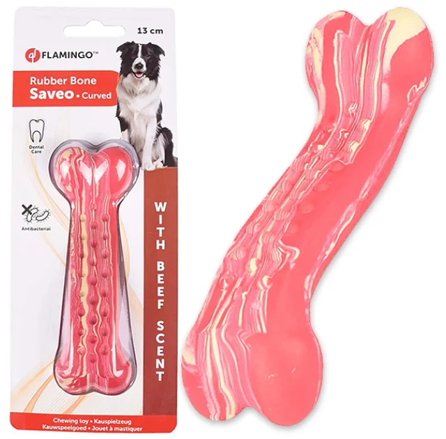 Іграшка жувальна Flamingo Rubber Saveo Curved Bone Beef, смак яловичини, для собак, 13 × 4 см